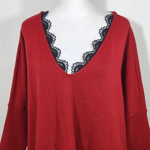 Chico's Red Sweater Poncho with Black Lace Trim NWT Size Small/Medium Red Poncho - Picture 3 of 11